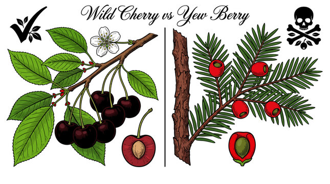 Wild Cherry vs Poisonous Yew Berry Comparison Botanical Illustration, Prunus avium and Taxus baccata Identification Guide for Foraging