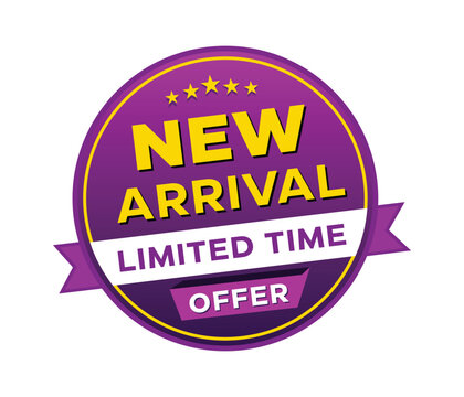 New Arrival Limited Time Offer Purple Circular Badge Vector Template with Ribbon and Stars