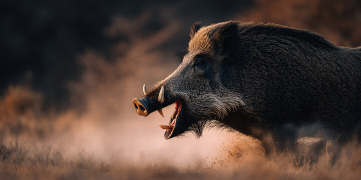 Wild Boar Roaring with Open Mouth in Dry Grass