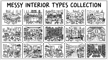 Black and White Line Art Collection of Messy Interior Types: Depicting Cluttered Home  Living Spaces and Disorganized Rooms © evalova
