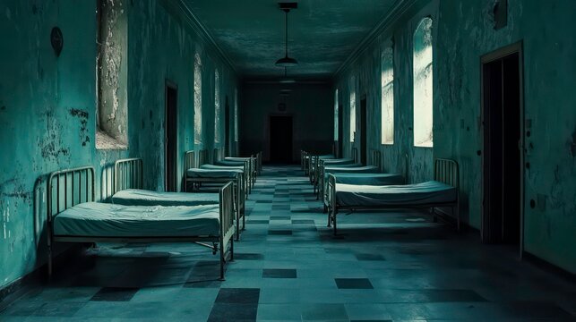 A long, dark hallway in an abandoned hospital with beds lining the walls. The room is filled with a sense of foreboding and mystery.