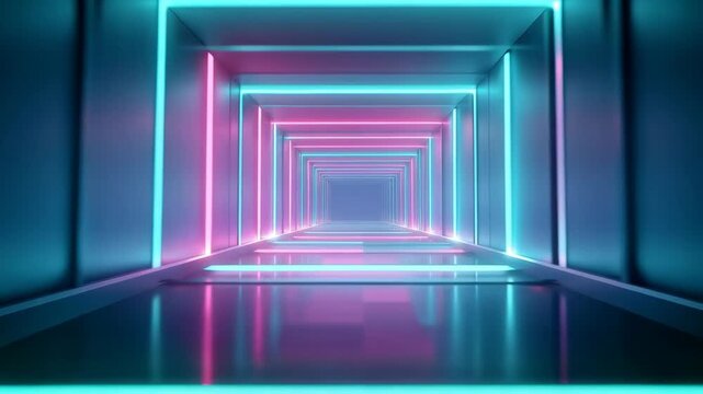 Neon Tunnel Corridor Futuristic Perspective Glowing Light Abstract Architecture Blue Pink Reflective Floor Symmetrical Empty Passage for SEO Searchable Background