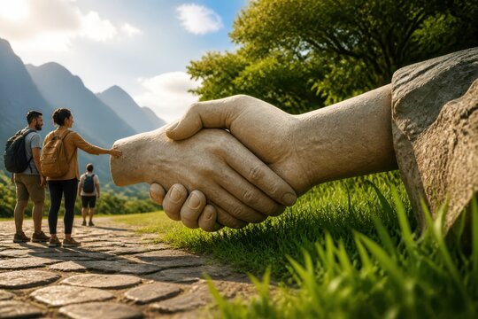 Giant stone handshake sculpture beside hikers on a mountain path in a sunlit natural landscape
