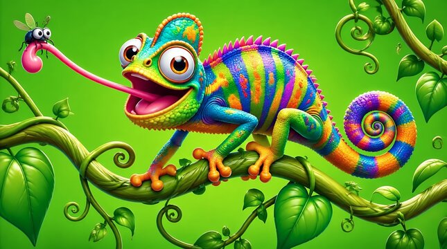 Colorful 3D Cartoon Chameleon Catching a Fly with Long Tongue on a Jungle Vine