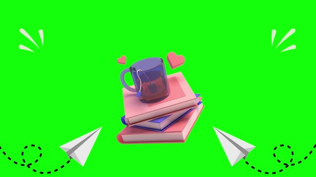 Stack of colorful books with a steaming cup of tea sitting on top surrounded by floating paper planes and hearts in this smooth 4k animation for a cozy reading aesthetic