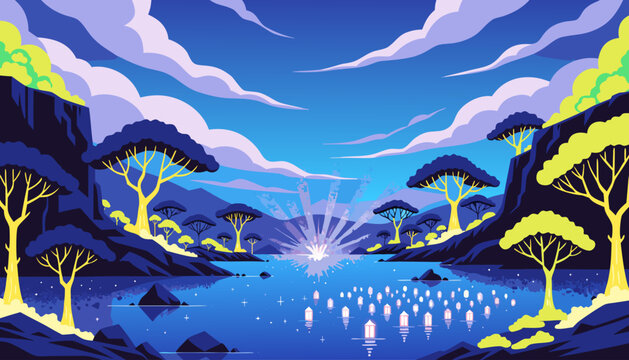 Very beautiful fantasy lake with radiant blue water, floating lanterns, sparkling reflections, and glowing trees beneath a dreamy twilight sky in artistic vector illustration style.