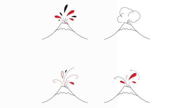 Active geological summit discharge vector collection. Minimalist volcanic explosion graphics with modifiable paths for earth science curricula, hazard maps, and primeval landscape icons.