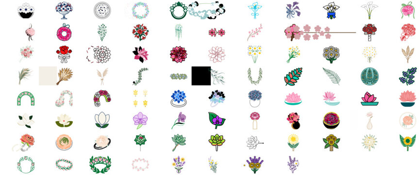 85 Botanical Compositions and Nuptial Vector Pictogram Library with cloves, lilies, windflowers, roses, and dahlias. Large bundle features modifiable contours and tailored slender line art.