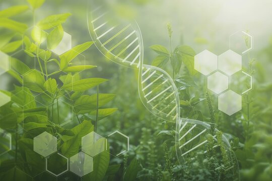 D N A helix and molecular hexagons over green foliage