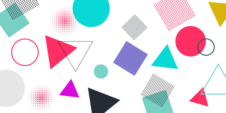 Geometric Seamless Pattern with Colorful Figures. Triangles, Squares, Circles on White Background. Endless Texture or Rapport for Page Fill, Paper, Cloth, Linen, Upholstery. eps 10