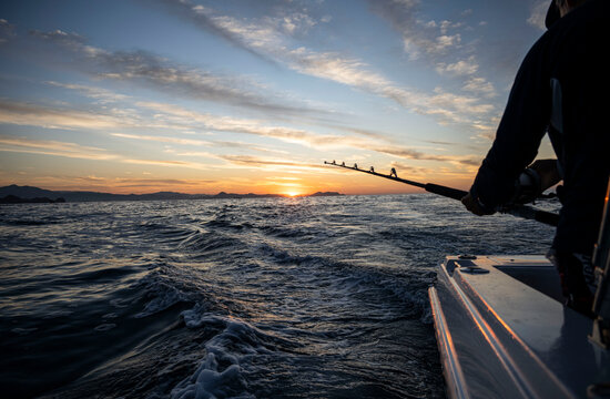 Fishing rod silhouette against dramatic golden sunset over Pacific Ocean in Manzanillo Mexico