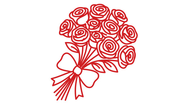 Scarlet rose posy vector artwork with modifiable path weight. This tailored slender line pictogram showcases a botanical cluster with a bow, ideal for marriages and romantic invitations.
