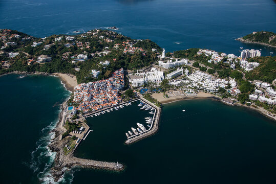 Aerial view of Las Hadas marina and resort with Pacific Ocean in Manzanillo Colima Mexico
