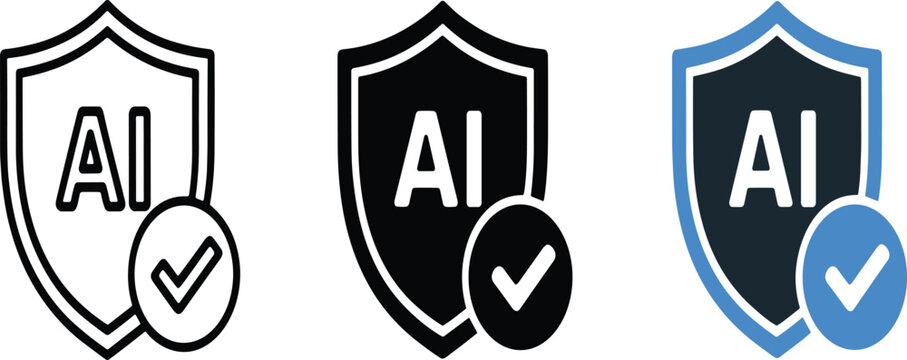 Three shield in white, black, and blue with ai and check mark vector illustration EPS PNG file.