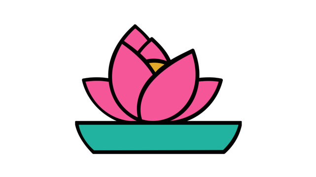 Vibrant roseate water lily vector in a cyan bowl. This artistic plant icon serves bridal themes, yoga studio identities, spa logos, tranquil floral concepts, and environmental graphic design.