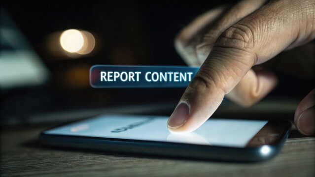 A person&rsquo;s finger is about to tap the &ldquo;Report Content&rdquo; button on a smartphone screen in a dimly lit setting, emphasizing online content moderation and digital safety.