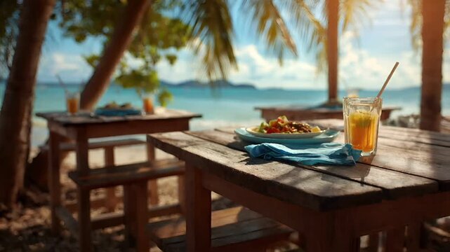 Outdoor caf bar restaurant. A vivid, sunlit scene of a tropical beachside dining area. A wooden table holds a glass of iced tea with a straw, accompanied by a plate of food.