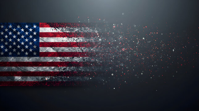American flag on the left side, with its stars and stripes in traditional red, white, and blue colors. The flag appears to be disintegrating into a dynamic array of particles and streaks that extend t
