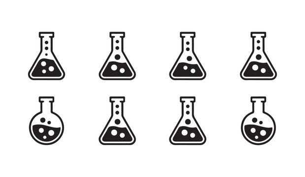 Chemical reaction flask icons collection showing erlenmeyer and Florence glassware with effervescent liquids.