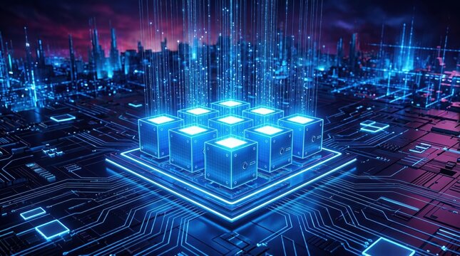 Futuristic ai brain network with glowing cubes and circuit board representing artificial intelligence and data security