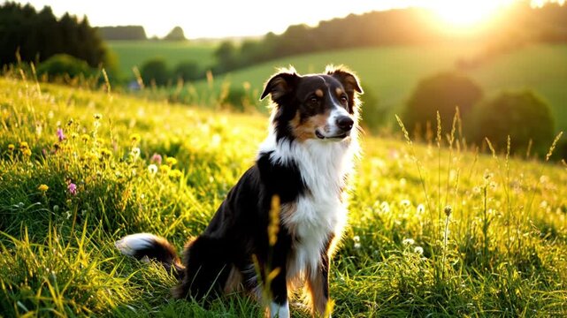 Beautiful border collie sits in a field of lush green grass during golden hour with a bright sun
