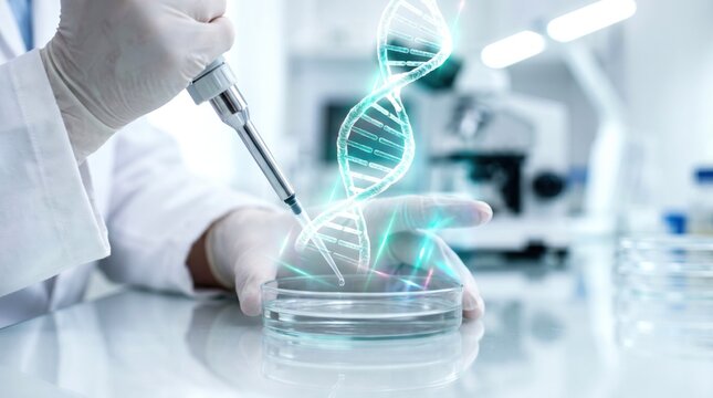 Scientist using a pipette in a lab, with a digital DNA double helix hologram above a petri dish, symbolizing genetic research and biotechnology innovation.