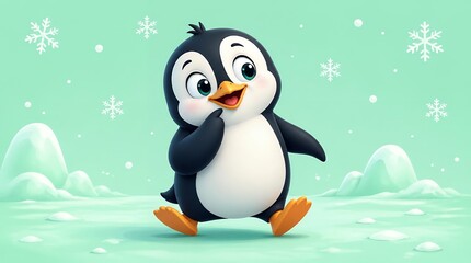 Naklejka premium Cute Cartoon Penguin Character Walking in Arctic Winter Landscape with Snowflakes and Ice Mountains, 3D Digital Illustration