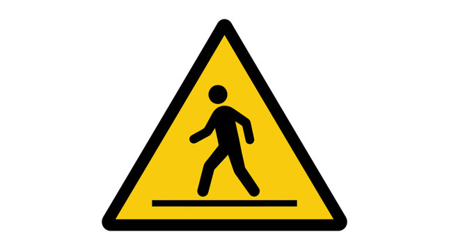 A yellow triangular warning sign depicting a black silhouette of a person walking across a horizontal line.