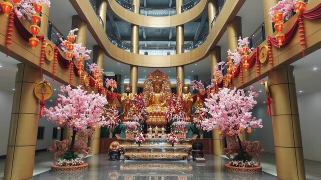 Golden Buddha statue in a decorated temple hall with red lanterns, pink floral ornaments and traditional religious interior.
