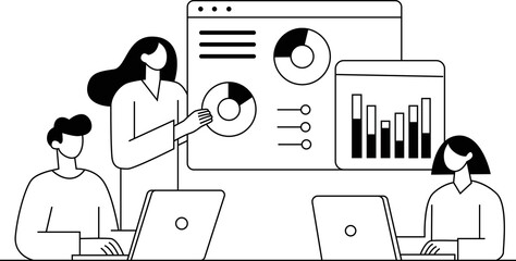 Fototapeta premium Marketing Team Analyzing Digital Campaign Results in Office – Strategy Brainstorming Continuous Line Art Vector Illustration