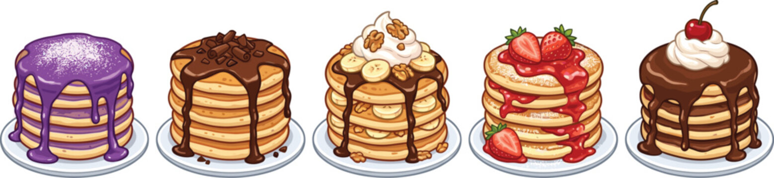 Delicious Pancake Stack Illustration Collection with Chocolate Strawberry Banana and Cream Topping Dessert Variations