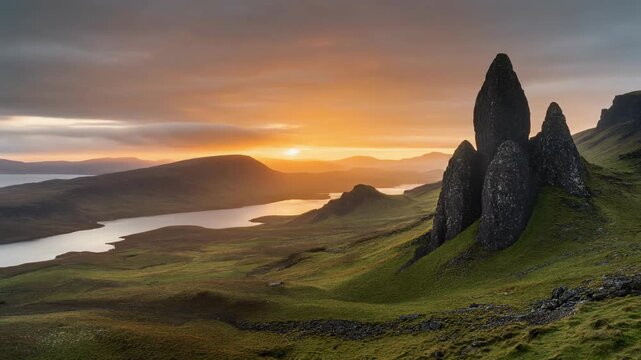 Skye landscape with rock formations at sunrise