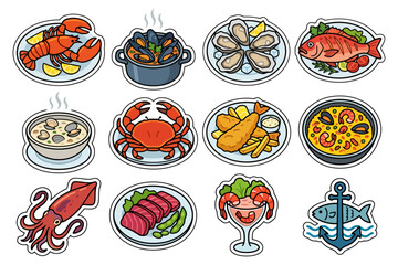 Fototapeta premium Seafood icons: lobster, oysters, crab, fish, shrimp, paella, squid, soup.