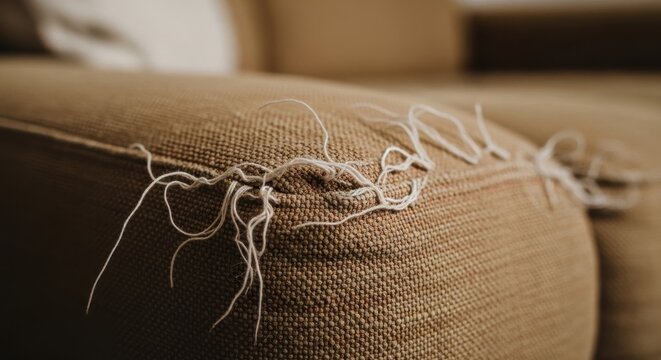 Close-up of frayed threads and minor snags on a textured fabric surface, highlighting wear and tear