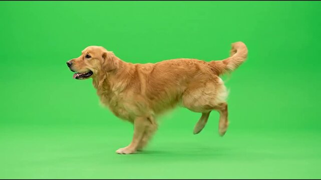 Energetic golden retriever dog running quickly across the frame in a smooth looping video motion