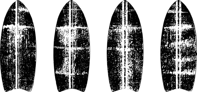 Four vintage surfboards in black and white with distressed textured design