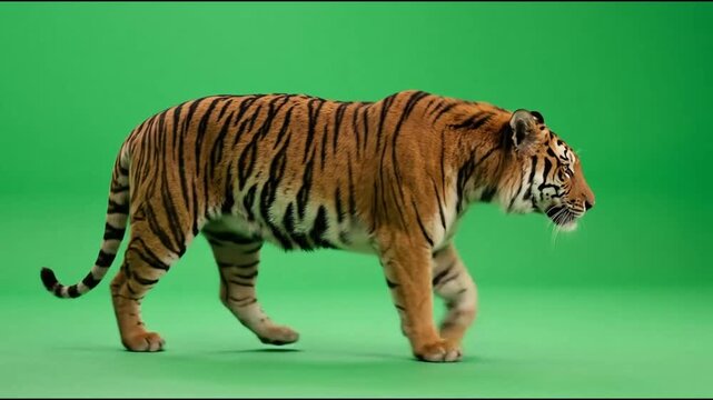 Majestic tiger walking steadily across the frame in a smooth and cinematic slow motion loop
