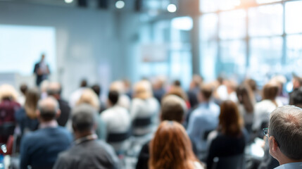 Obraz premium Blurred audience attending business conference or seminar in modern hall. Corporate event, education, presentation and networking concept with defocused crowd.