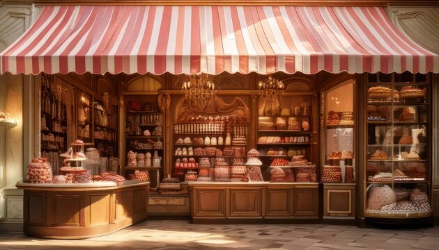 Charming Candy Storefront with Striped Awning and Sweet Treats.