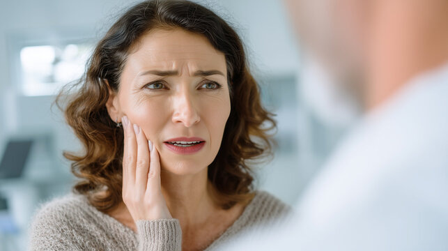 Concerned mature woman touching cheek because of tooth pain at home. Dental healthcare, oral hygiene and sensitive teeth concept.