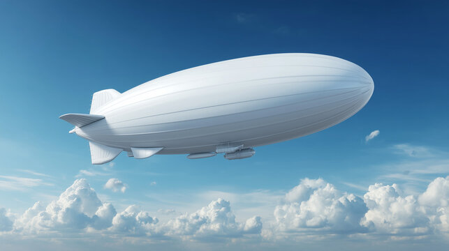 Large white airship or zeppelin flying in clear blue sky above clouds. Aviation, transportation and futuristic travel concept.