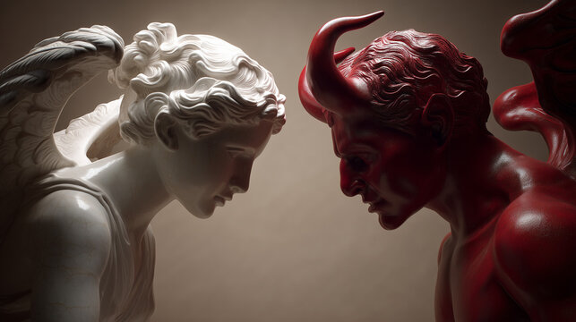 Artistic confrontation between angel and demon sculptures symbolizing good versus evil, morality and inner conflict concept.