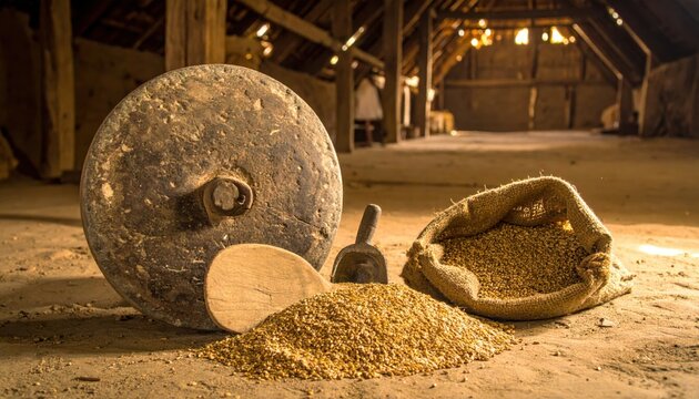 Ancient millstone and pile of freshly ground grain in rustic barn setting