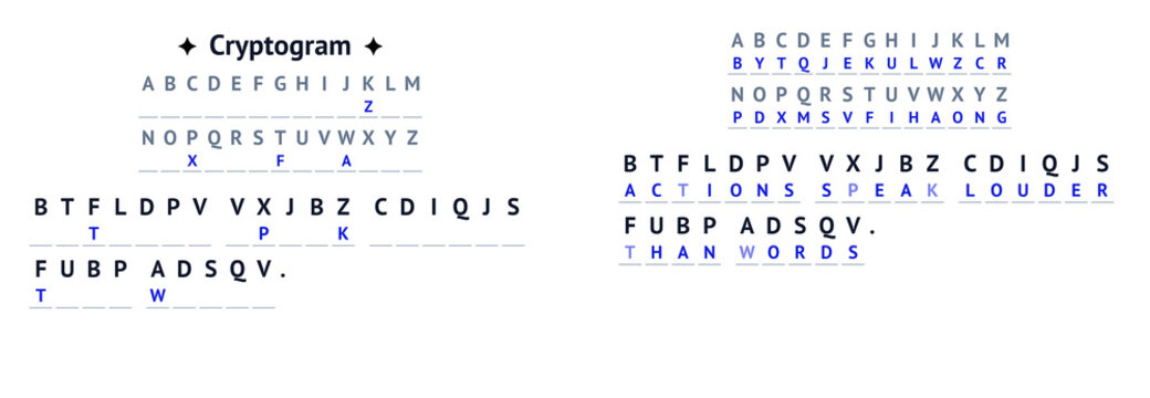 Cryptogram puzzle with letters and hidden message in blue ink  