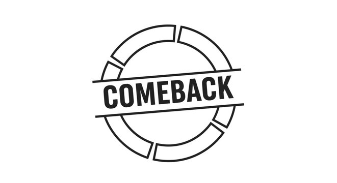 Simple black and white circular graphic featuring the word COMEBACK between two horizontal lines in a bold sans-serif font.