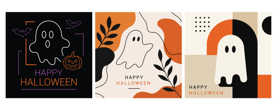 Modern Halloween template collection featuring spooky ghost illustrations, pumpkin elements, and minimal abstract layouts perfect for social media posts and festive designs.
