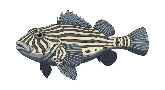Detailed artistic illustration of a unique striped fish with numerous spiky fins swimming gracefully against a white background.
