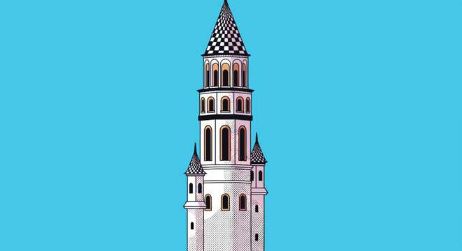 Tall medieval stone tower featuring multiple windows, decorative details, and pointed roofs set against a vibrant light blue sky.