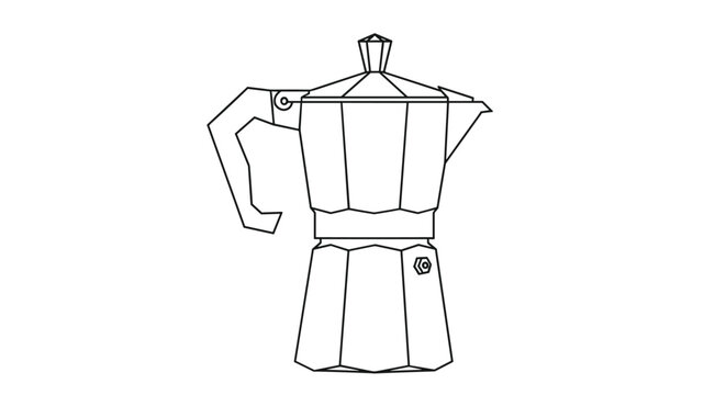 Detailed black and white line drawing of a classic Italian moka pot coffee maker used for traditional stove top espresso brewing.