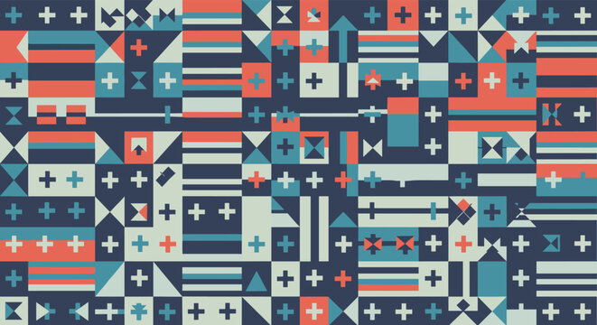 Intricate abstract geometric pattern featuring a grid of squares filled with crosses, stripes, triangles, and arrows in a muted palette.